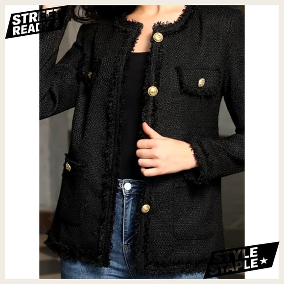 Tweed Blazer Jacket Elegant Casual Open Front Long Sleeve Collarless Pockets - Picture 2 of 6